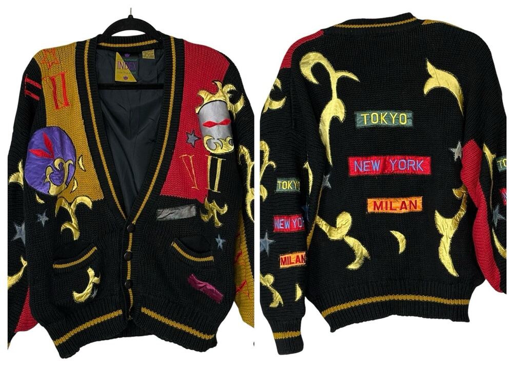 Vtg International Index Cardigan Graphic Time Numeral World Cities Sz S